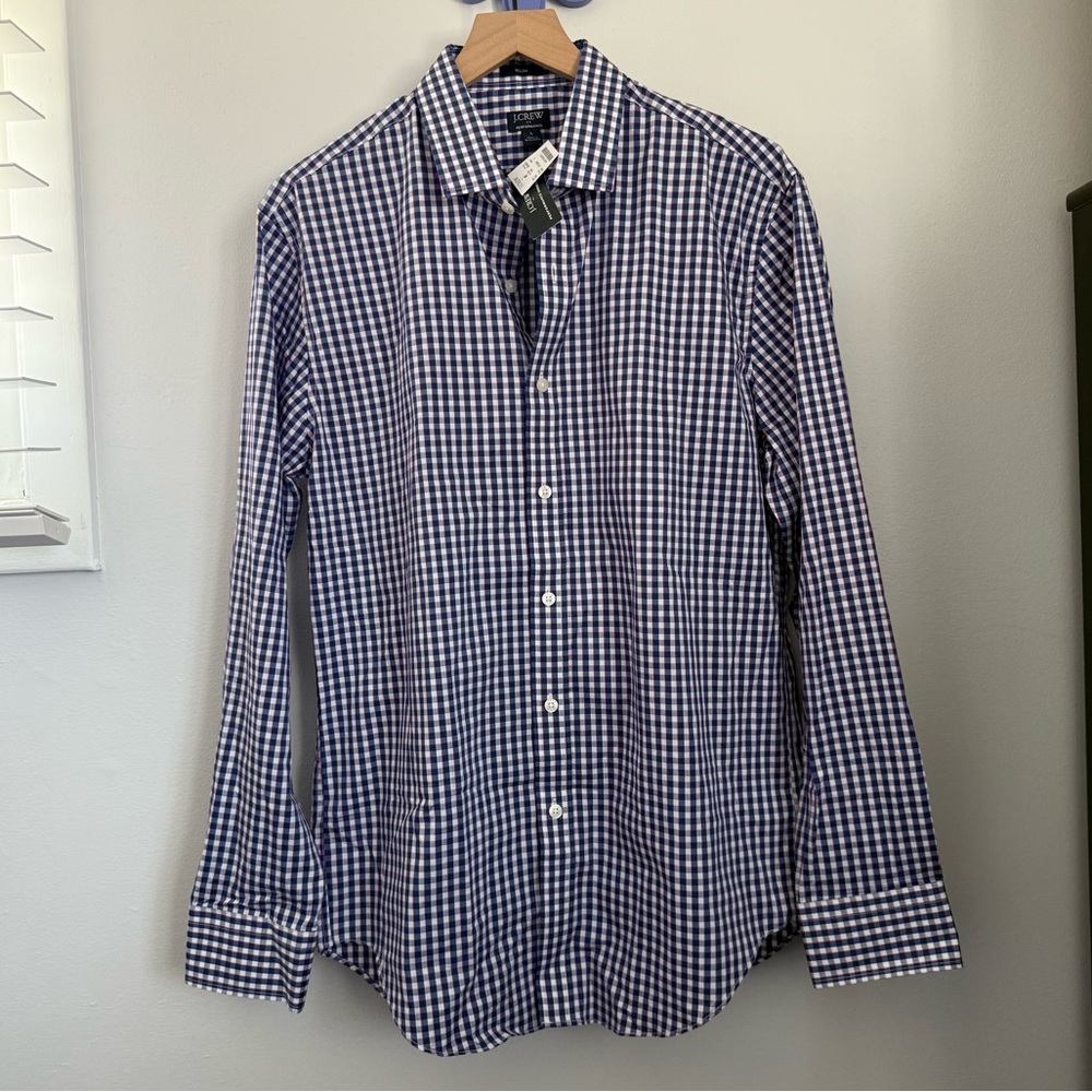 J.Crew Large NEW Performance Slim Button Up‎ Long Sleeve Shirt Navy Plaid Office